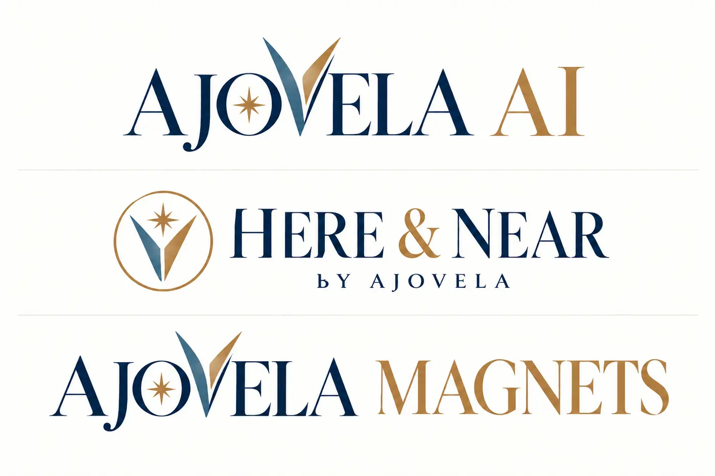 Ajovela AI, Here & Near by Ajovela, and Ajovela Magnets logo family